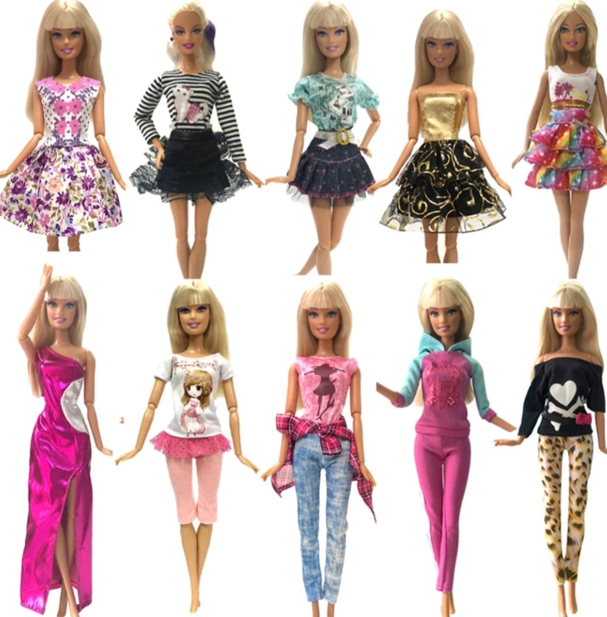 Poppenkleertjes - Geschikt voor Barbie - Set van 10 outfits - Grote kledingset voor modepoppen - 17 items - Jurk, broek, shirt, rok, blouse